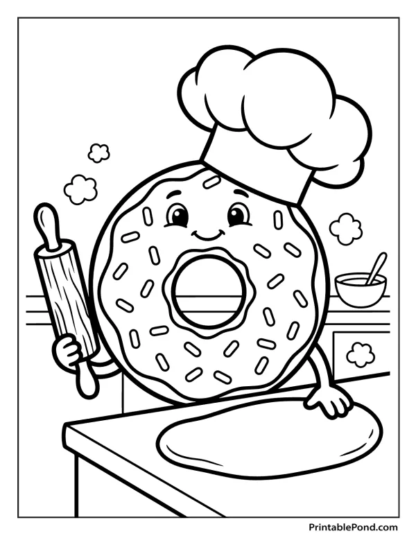 A cartoon donut wearing a chef hat holds a rolling pin and prepares dough on a counter.