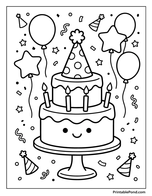 A happy two-tier birthday cake wearing a polka dot party hat, with candles, balloons, stars, and confetti.