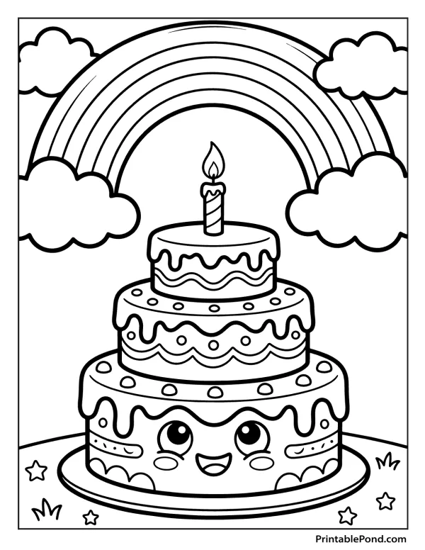 Three-tier birthday cake with a smiling face, under a rainbow and surrounded by clouds and stars.