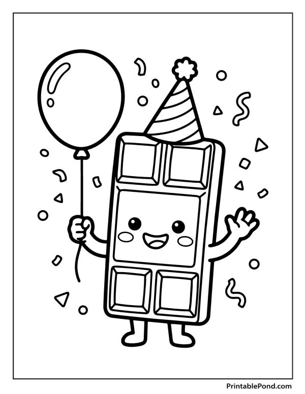 A kawaii chocolate bar character wearing a party hat and holding a balloon, with confetti.