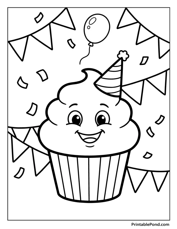 A smiling cartoon cupcake wearing a party hat, with a balloon and confetti falling around it.