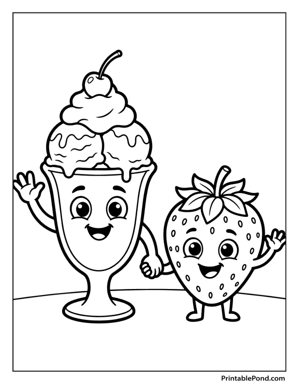 A smiling ice cream sundae with three scoops and a cherry stands next to a happy strawberry character, both waving.
