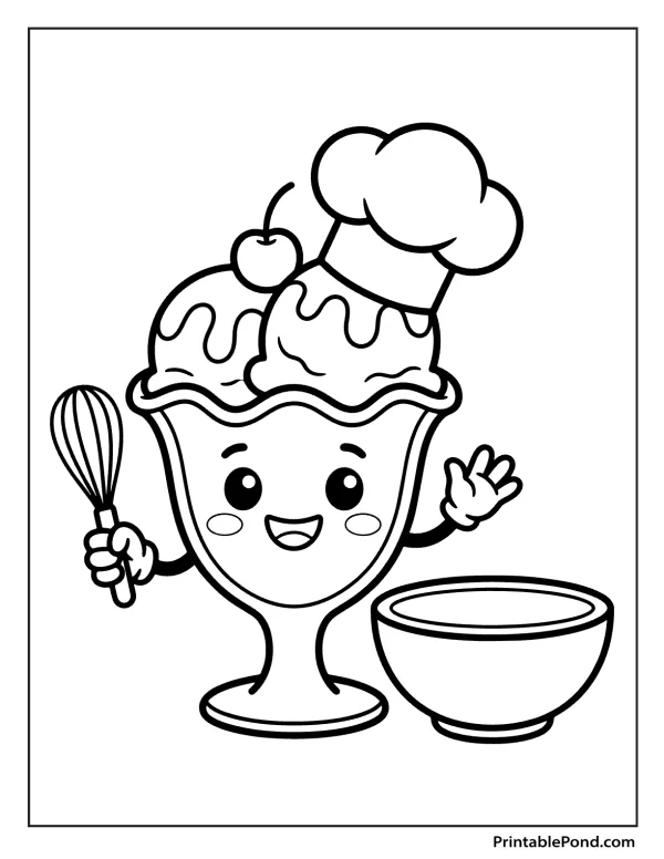 A cartoon ice cream sundae with a face wearing a chef hat holds a whisk and waves next to a bowl.