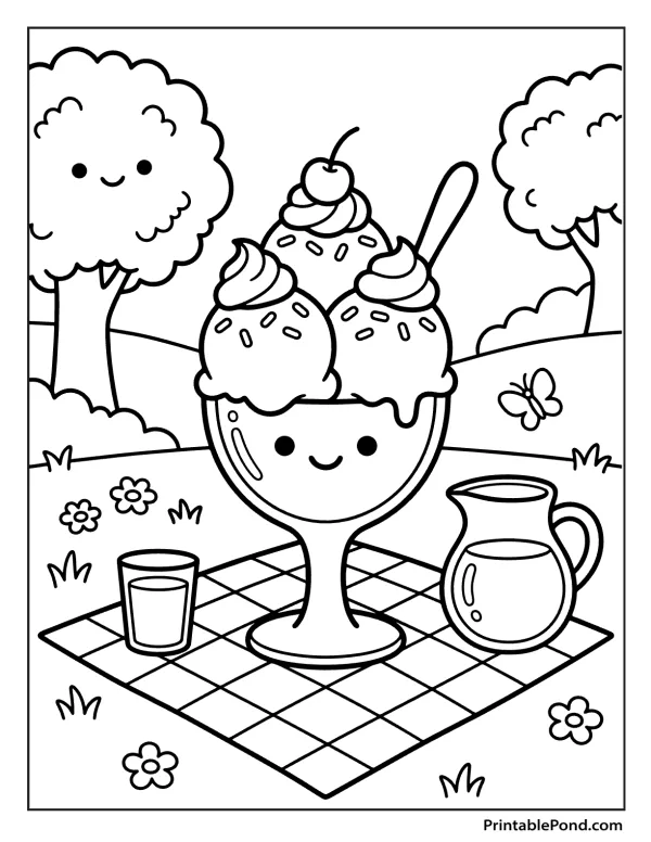 A smiling ice cream sundae sits on a picnic blanket with a glass of milk and a pitcher.