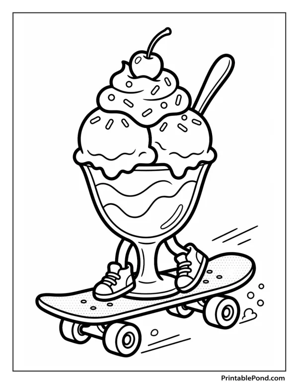 Outline of a cartoon ice cream sundae with a cherry on top, wearing sneakers and riding a skateboard.