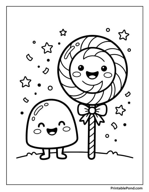 A cartoon lollipop with a face stands next to a gumdrop with a face, surrounded by stars and confetti.