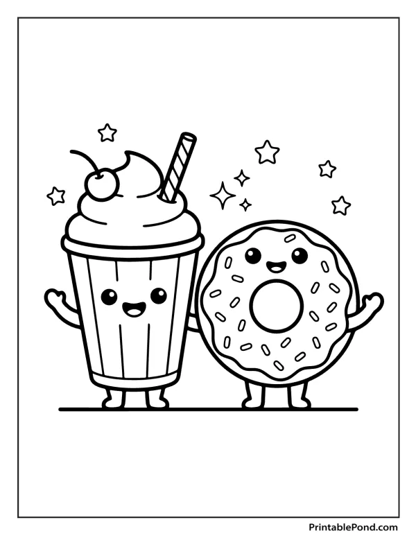 A smiling cartoon milkshake and a smiling cartoon donut stand together, surrounded by stars.