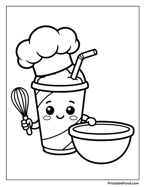 A cartoon milkshake wearing a chef hat holds a whisk and stands next to a mixing bowl.