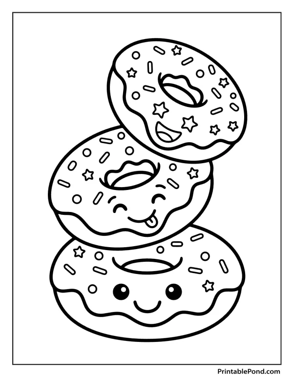 Three cute donuts stacked on top of each other, each with a happy face and sprinkles.