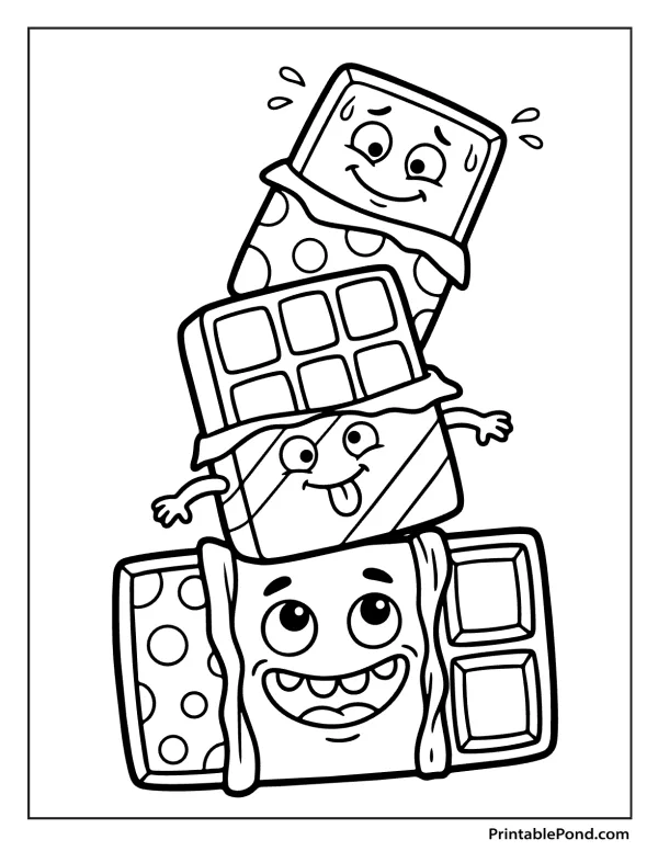 Three cartoon chocolate bars stacked in a tower with happy faces and wrappers.