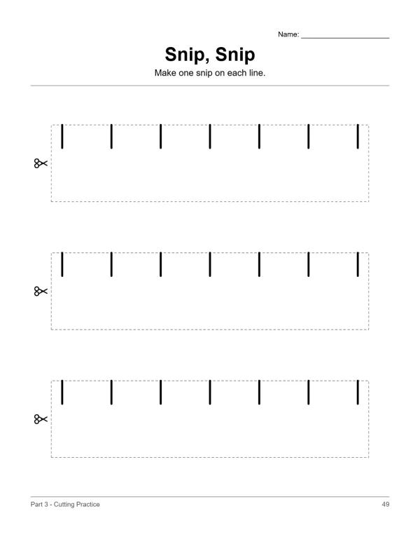 Dashed boxes with vertical lines inside and scissors icon on the left for cutting practice.