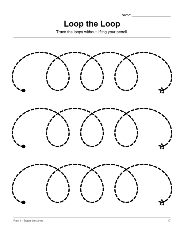 Dotted lines forming three rows of continuous loops and curves for tracing practice, starting with a dot and ending with a star.