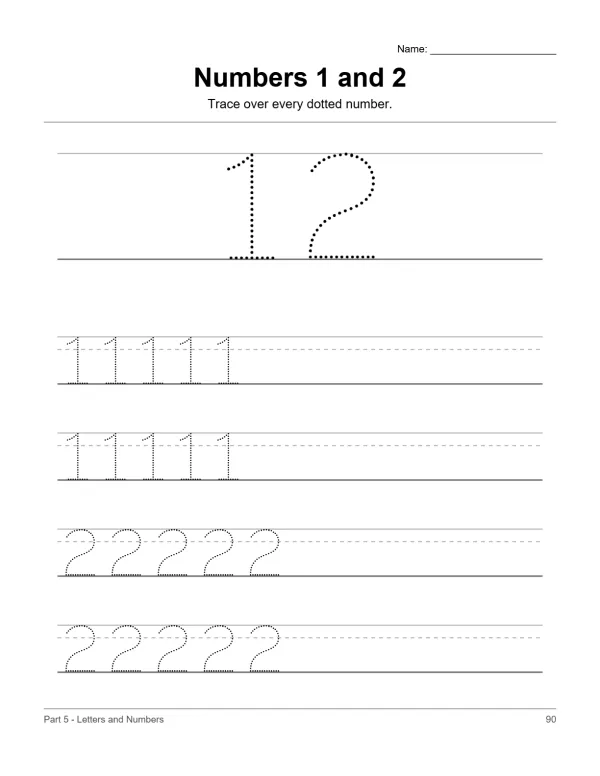 Page with dotted numbers 1 and 2 to trace, followed by rows of dotted 1s and 2s.