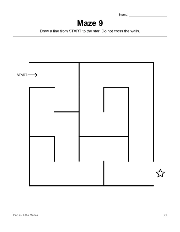 A simple maze with thick black lines and a star at the end, labeled 'Maze 9'.