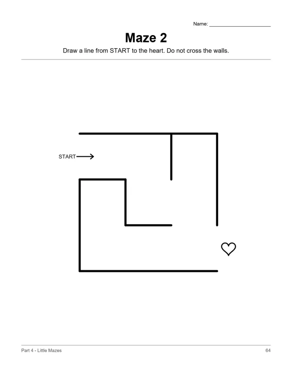 A simple black and white maze with a start point and a heart at the end.