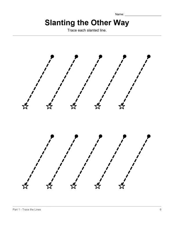 Dashed slanted lines with a dot at the top and a star at the bottom for tracing practice.