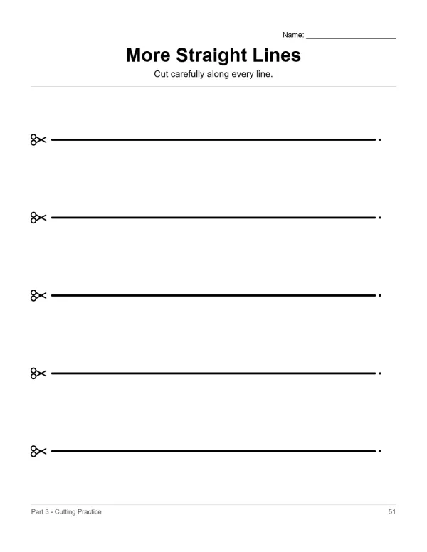 Worksheet with five bold straight black lines for cutting practice, each marked with scissors.