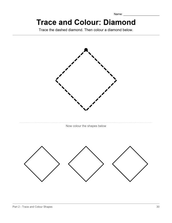A worksheet with a dashed diamond outline to trace and three solid diamond outlines to color.