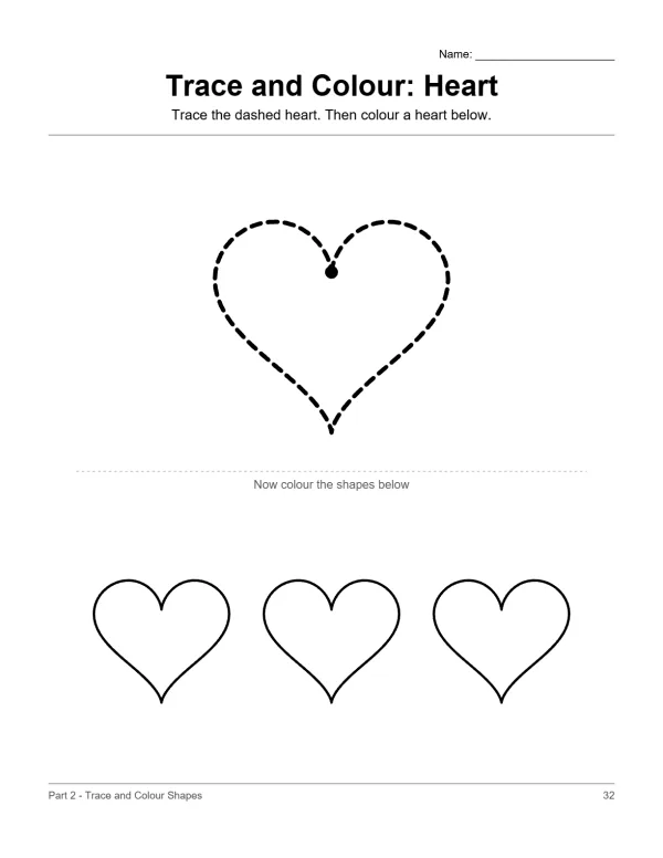 Dashed outline of a heart with a dot in the center, and three solid heart outlines below.