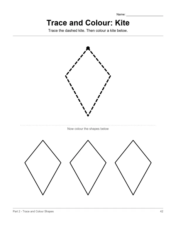 A worksheet with a dashed outline of a kite to trace and three kite shapes to color.