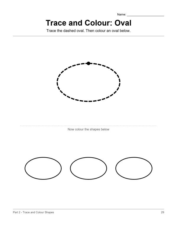 A worksheet with a dashed oval to trace and three solid ovals to color.