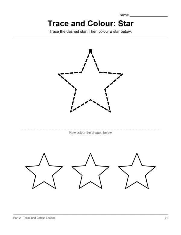 A worksheet with a dashed star outline to trace and three solid star outlines to color.