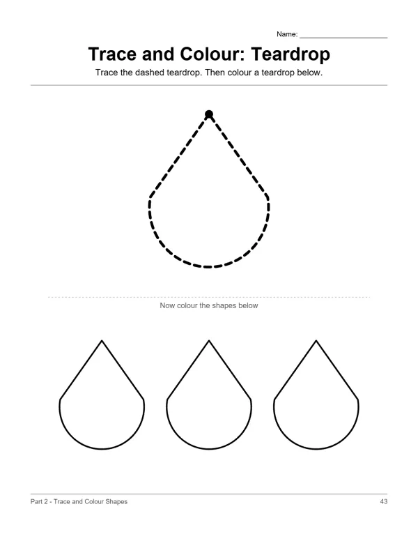 A dashed teardrop outline to trace, followed by three solid teardrop shapes to color.