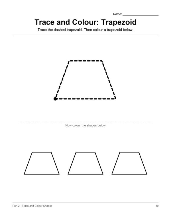 A worksheet with instructions to trace a dashed trapezoid and color three solid trapezoids below.