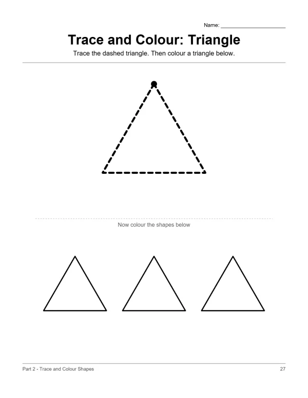 A worksheet page with a dashed triangle outline at the top and three solid triangle outlines below.