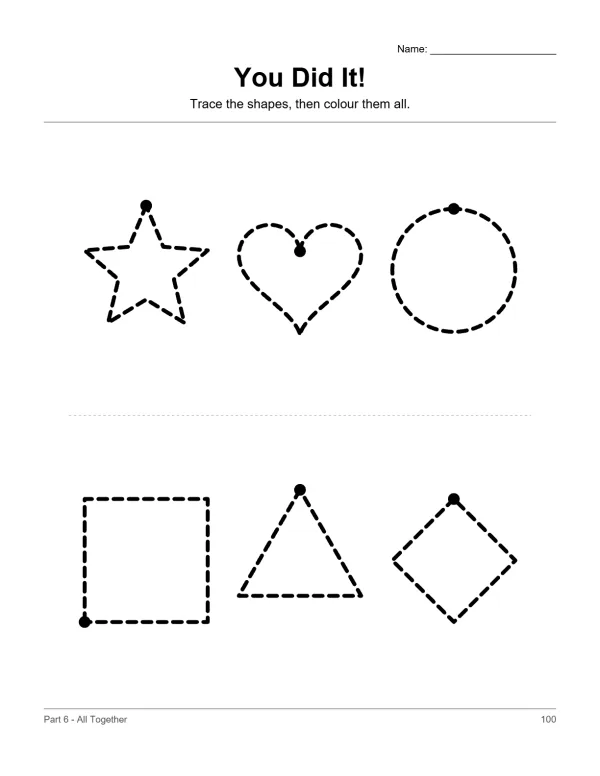 Dashed outline shapes including a star, heart, circle, square, triangle, and diamond for tracing and coloring.
