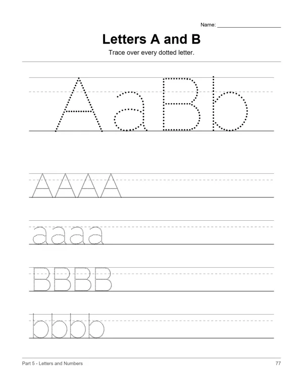 Worksheet for tracing uppercase and lowercase letters A and B with dotted lines to guide.