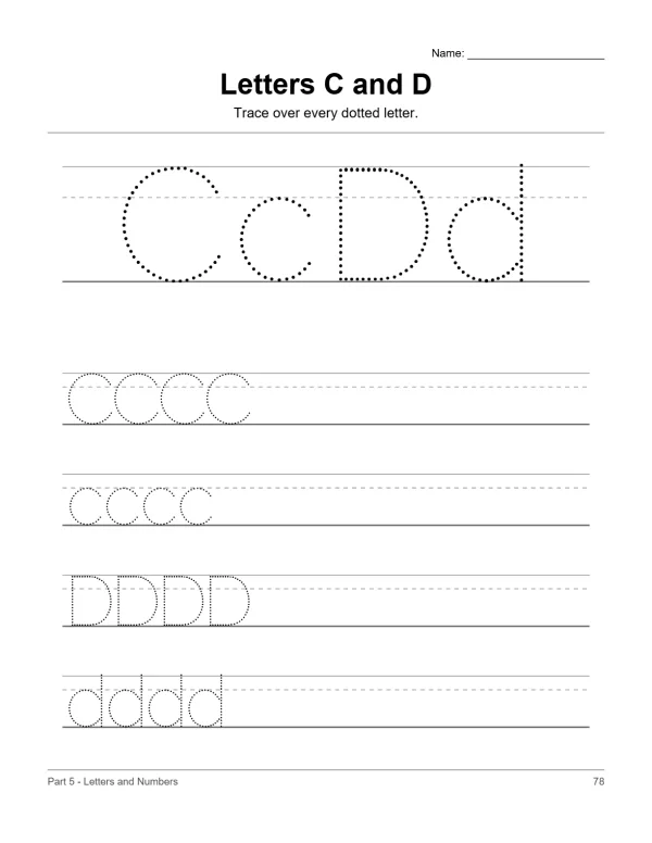 Worksheet with dotted uppercase C and D, and rows of dotted lowercase c and d to trace.