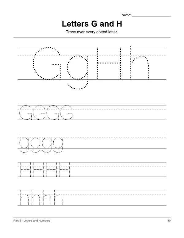 Traceable uppercase and lowercase letters G and H on lined paper for handwriting practice.