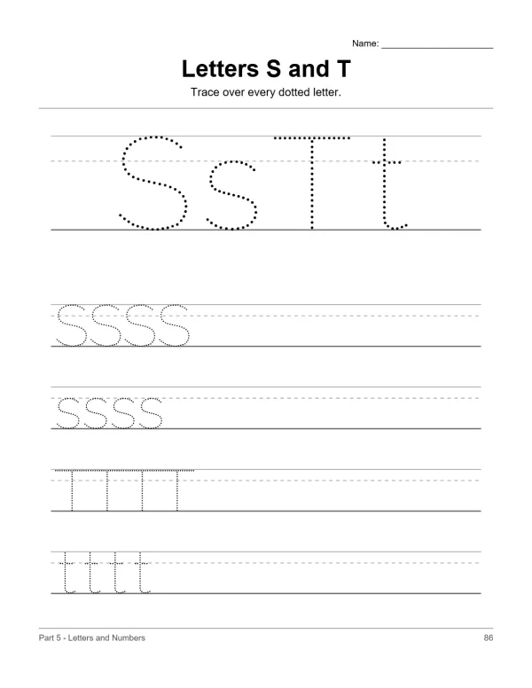 Trace the dotted uppercase and lowercase letters S and T on lined paper.