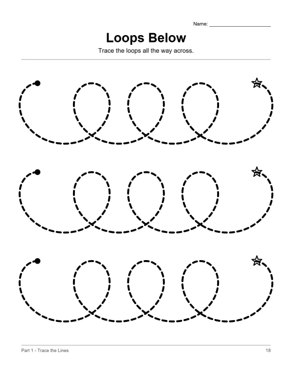 Dotted lines forming three rows of loops with a star at the end of each row.