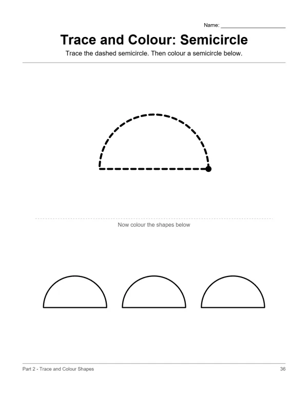 A worksheet with a dashed semicircle to trace and three empty semicircles to color.