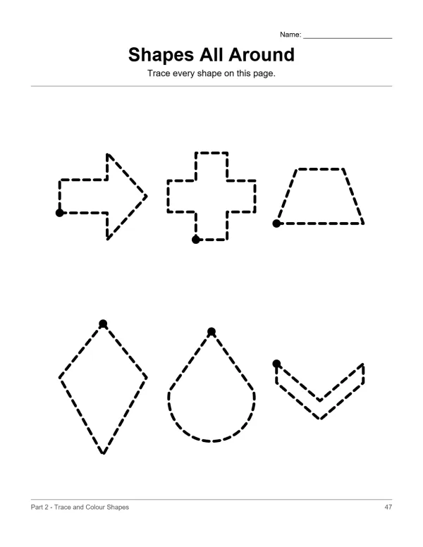 Dashed outlines of an arrow, plus sign, trapezoid, rhombus, teardrop, and chevron shapes.
