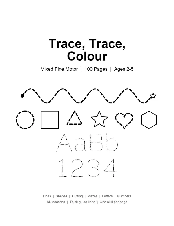 Dotted lines to trace, including wavy lines, shapes, letters AaBb, and numbers 1234.