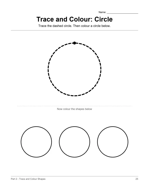 A dashed circle with a dot at the top, followed by three solid circles below for coloring.