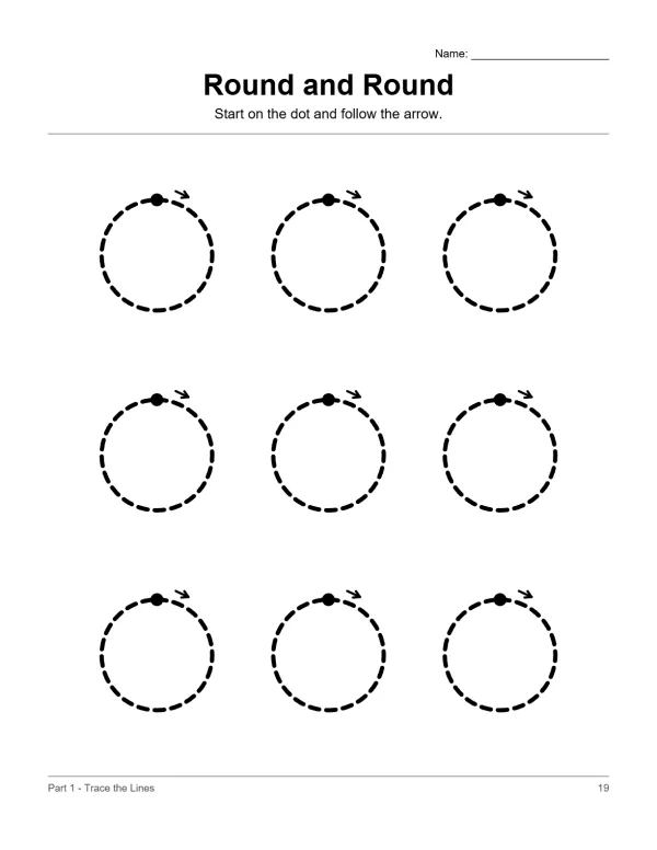 Nine dashed circles with dots and arrows indicating starting points and direction to trace.