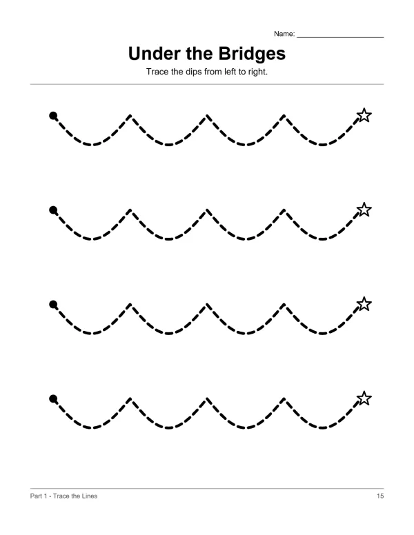 Dotted wavy lines to trace, starting with a black dot and ending with a star.