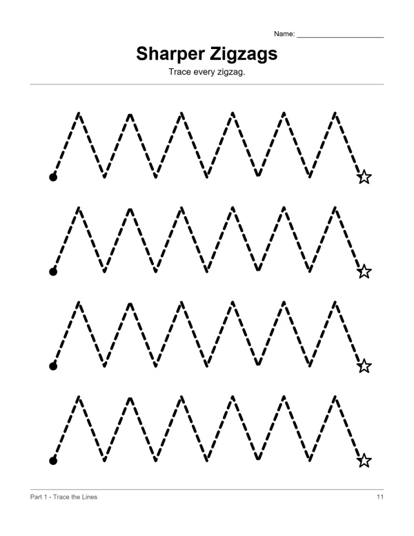Dashed zigzag lines on a white background with a start dot and end star for tracing practice.