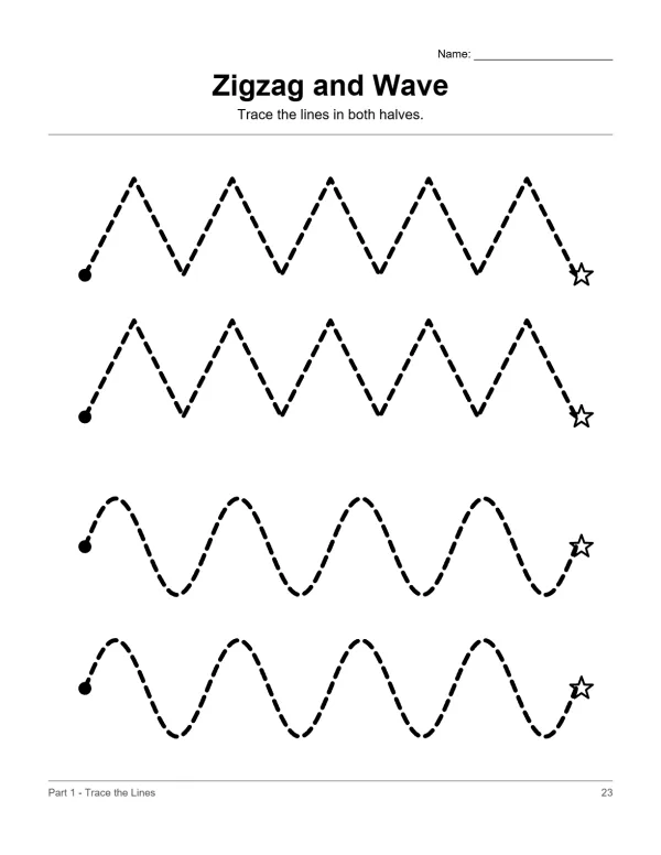 Dashed zigzag and wave lines with starting dots and star outlines to trace.