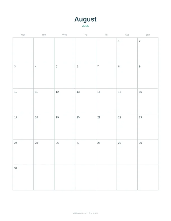 August 2026 calendar grid with days of the week across the top and numbered dates below.