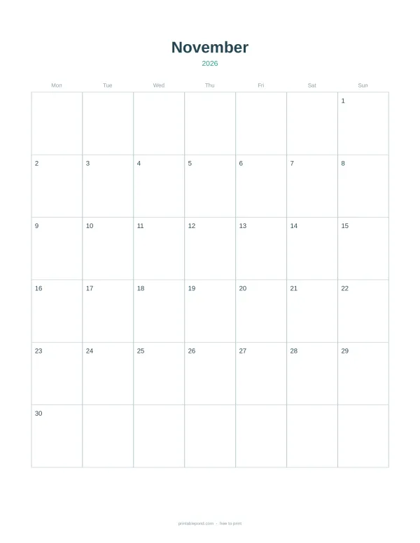 A blank November 2026 calendar grid with days Monday through Sunday and numbered squares.