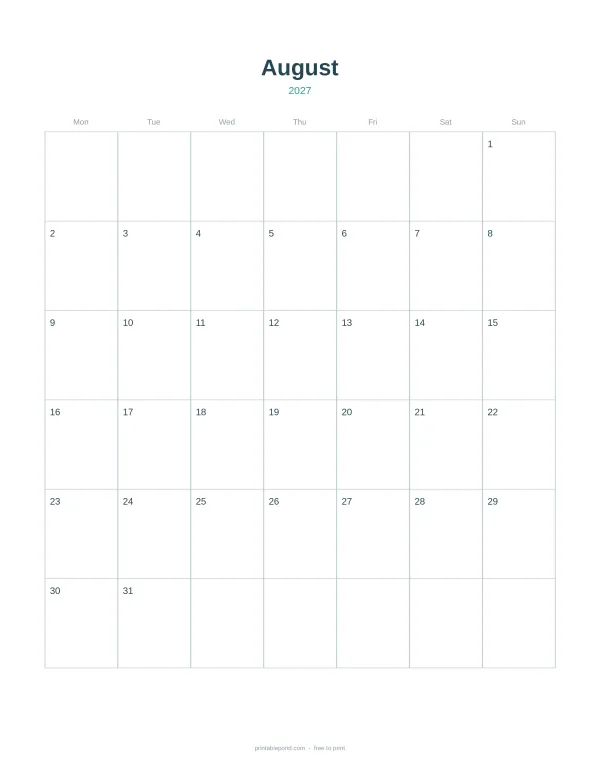 A blank August 2027 calendar with days of the week across the top and numbered squares.