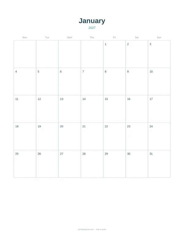 A blank January 2027 calendar planner with a clean grid layout and days of the week listed at the top.