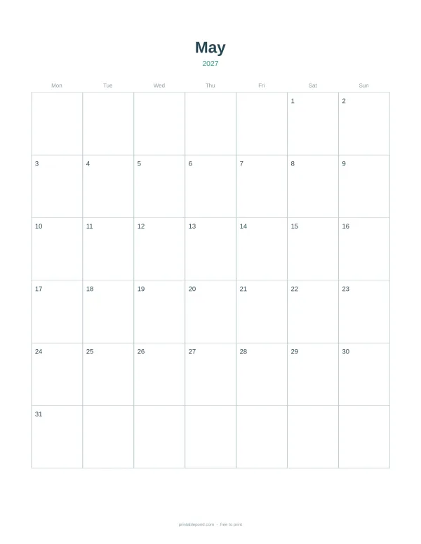 Blank May 2027 calendar grid with days of the week and dates shown.