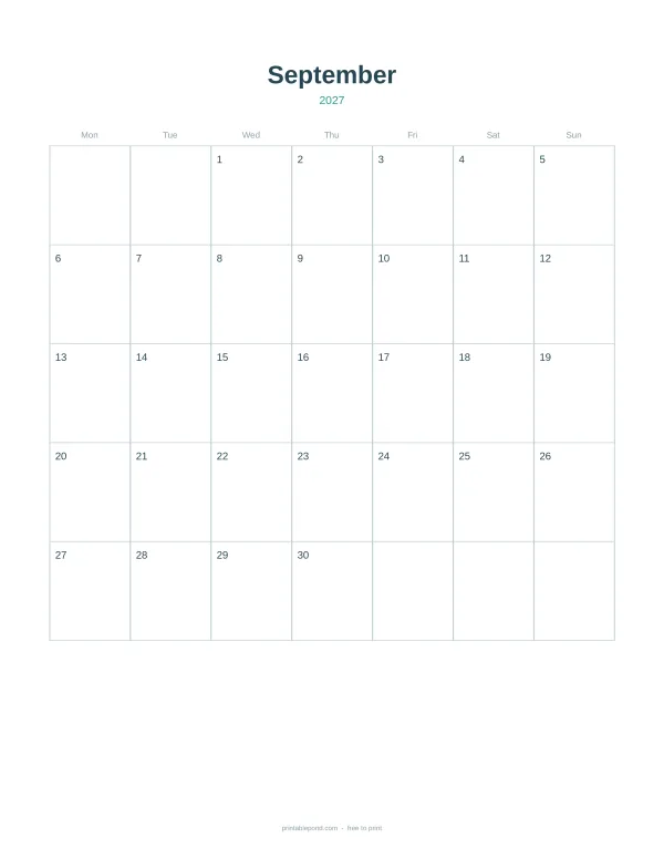 A blank September 2027 calendar grid with days of the week across the top and dates numbered.