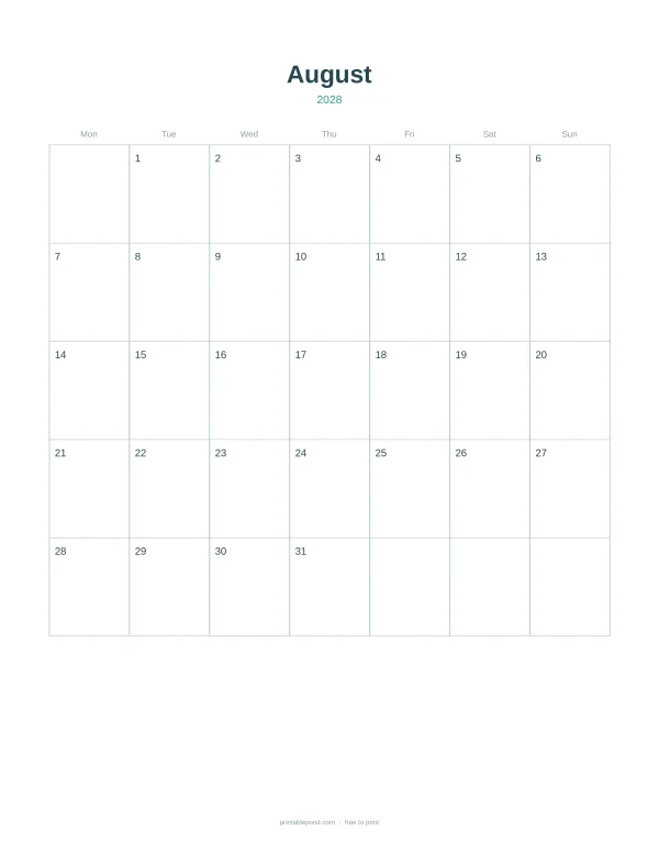 A blank August 2028 calendar with days of the week across the top and numbered squares for each day.